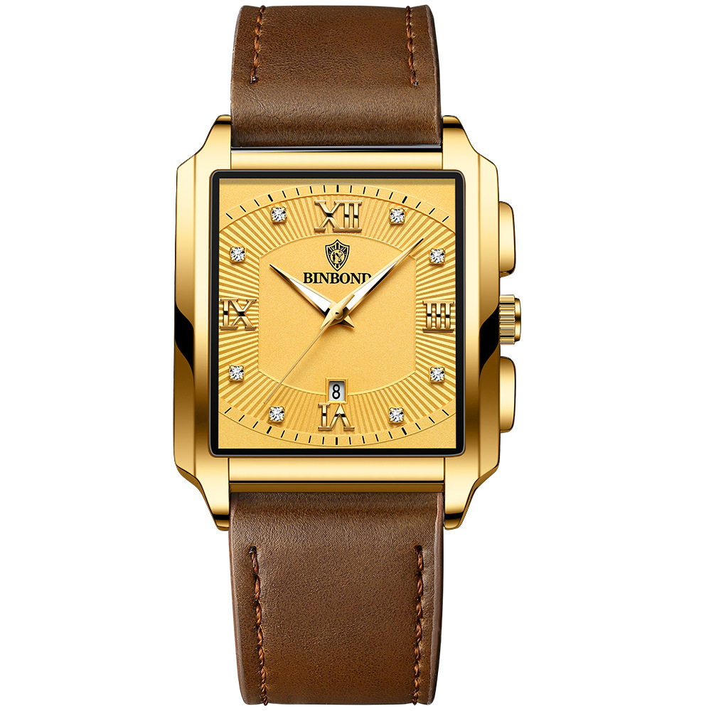 2026 Africa Europe America BINBOND Brand New Rectangular Men's Stainless Steel Watch Simple Sports Outdoor Calendar Quartz Movement 30M Water Resistance Luminous Pointer Wristwatch
