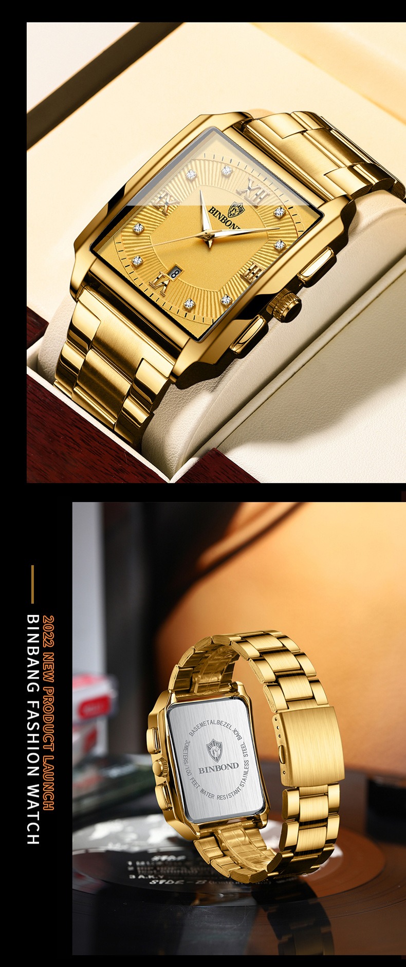 2026 Africa Europe America BINBOND Brand New Rectangular Men's Stainless Steel Watch Simple Sports Outdoor Calendar Quartz Movement 30M Water Resistance Luminous Pointer Wristwatch