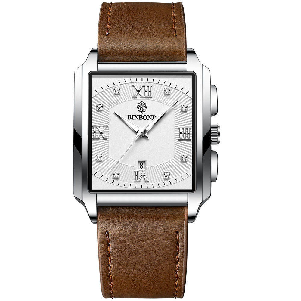 2026 Africa Europe America BINBOND Brand New Rectangular Men's Stainless Steel Watch Simple Sports Outdoor Calendar Quartz Movement 30M Water Resistance Luminous Pointer Wristwatch