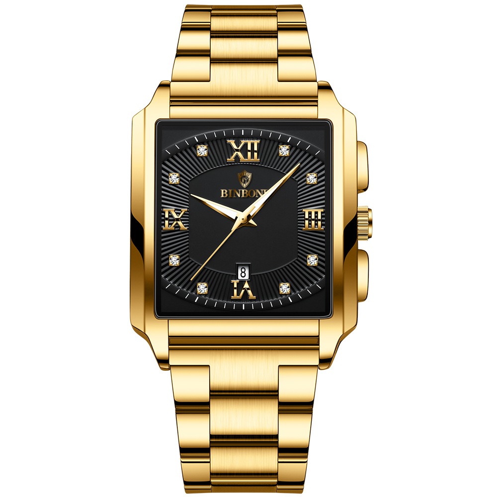 2026 Africa Europe America BINBOND Brand New Rectangular Men's Stainless Steel Watch Simple Sports Outdoor Calendar Quartz Movement 30M Water Resistance Luminous Pointer Wristwatch