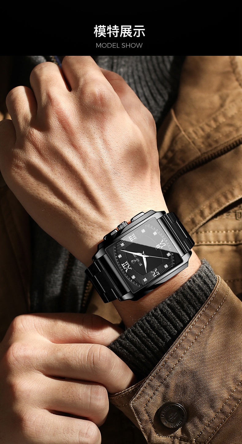 2026 Africa Europe America BINBOND Brand New Rectangular Men's Stainless Steel Watch Simple Sports Outdoor Calendar Quartz Movement 30M Water Resistance Luminous Pointer Wristwatch