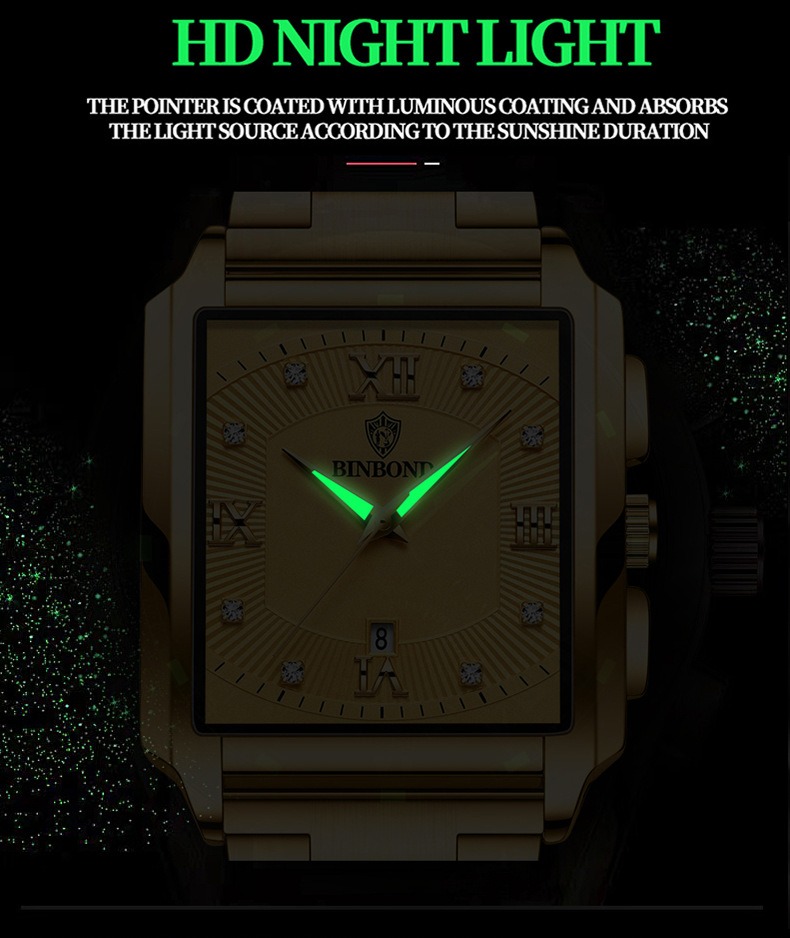 2026 Africa Europe America BINBOND Brand New Rectangular Men's Stainless Steel Watch Simple Sports Outdoor Calendar Quartz Movement 30M Water Resistance Luminous Pointer Wristwatch