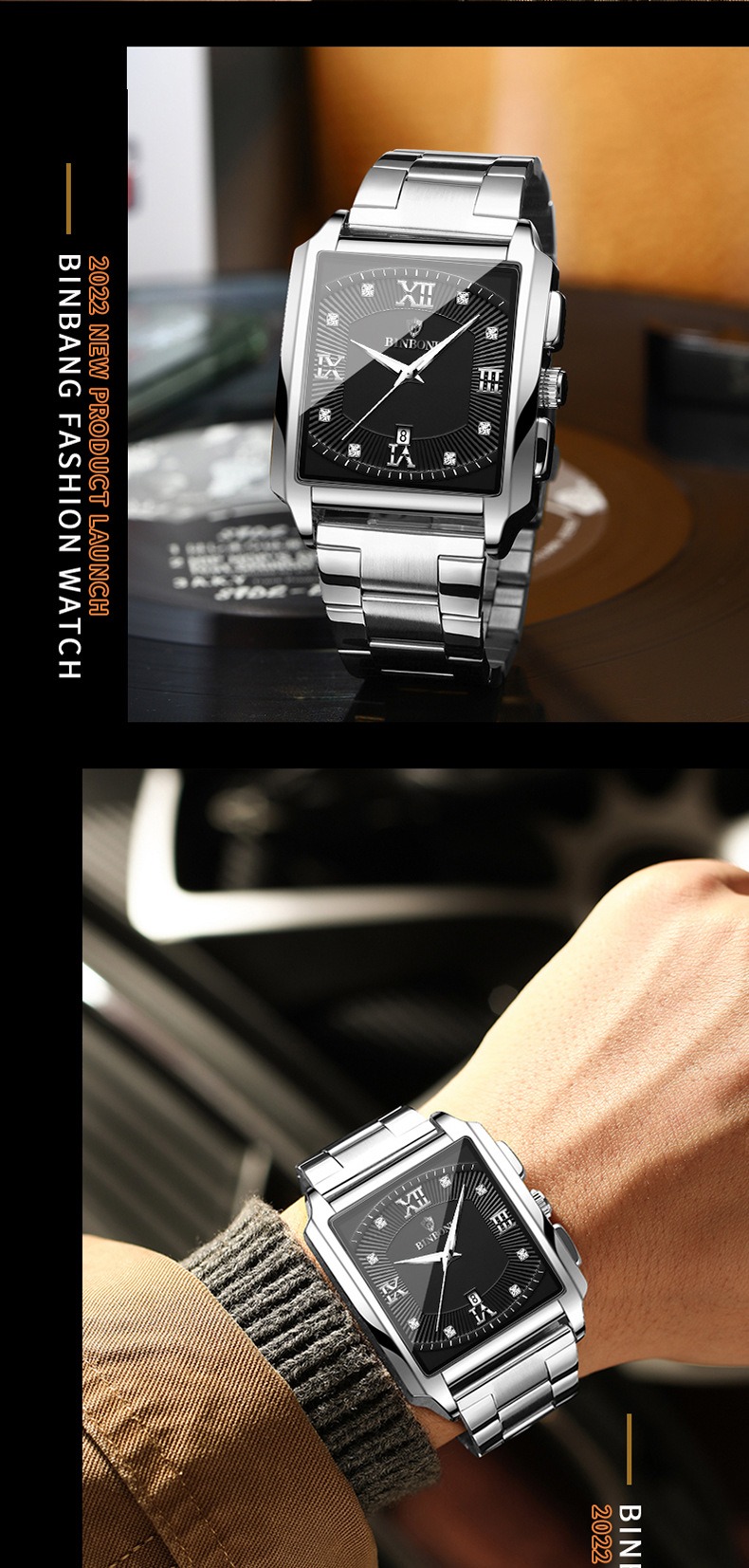 2026 Africa Europe America BINBOND Brand New Rectangular Men's Stainless Steel Watch Simple Sports Outdoor Calendar Quartz Movement 30M Water Resistance Luminous Pointer Wristwatch