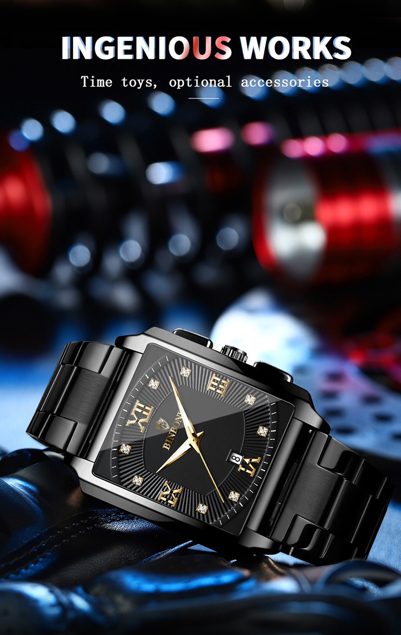 2026 Africa Europe America BINBOND Brand New Rectangular Men's Stainless Steel Watch Simple Sports Outdoor Calendar Quartz Movement 30M Water Resistance Luminous Pointer Wristwatch