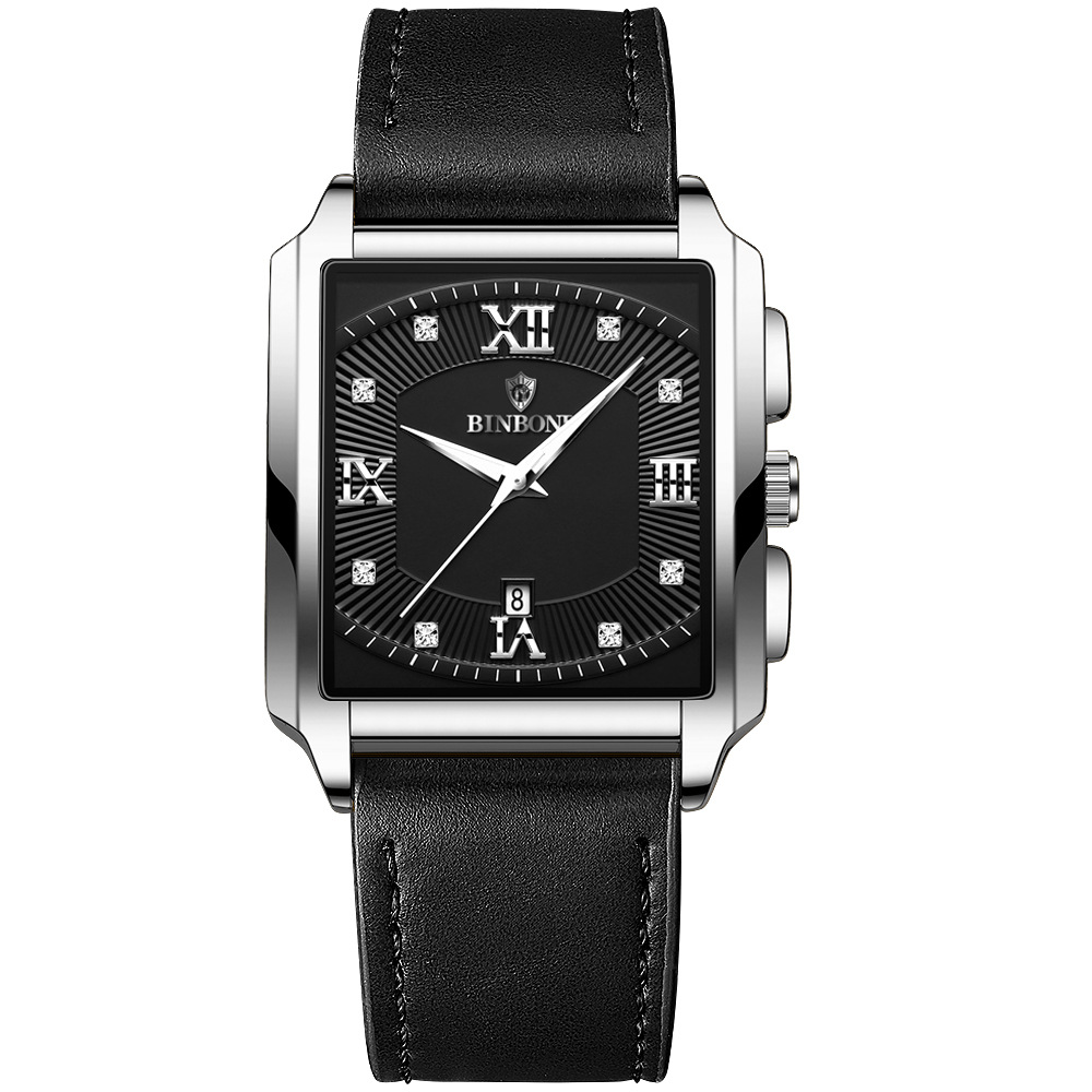 2026 Africa Europe America BINBOND Brand New Rectangular Men's Stainless Steel Watch Simple Sports Outdoor Calendar Quartz Movement 30M Water Resistance Luminous Pointer Wristwatch
