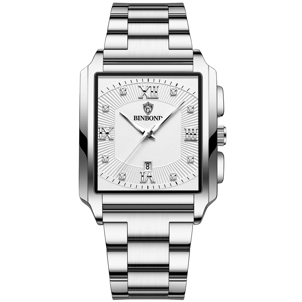 2026 Africa Europe America BINBOND Brand New Rectangular Men's Stainless Steel Watch Simple Sports Outdoor Calendar Quartz Movement 30M Water Resistance Luminous Pointer Wristwatch