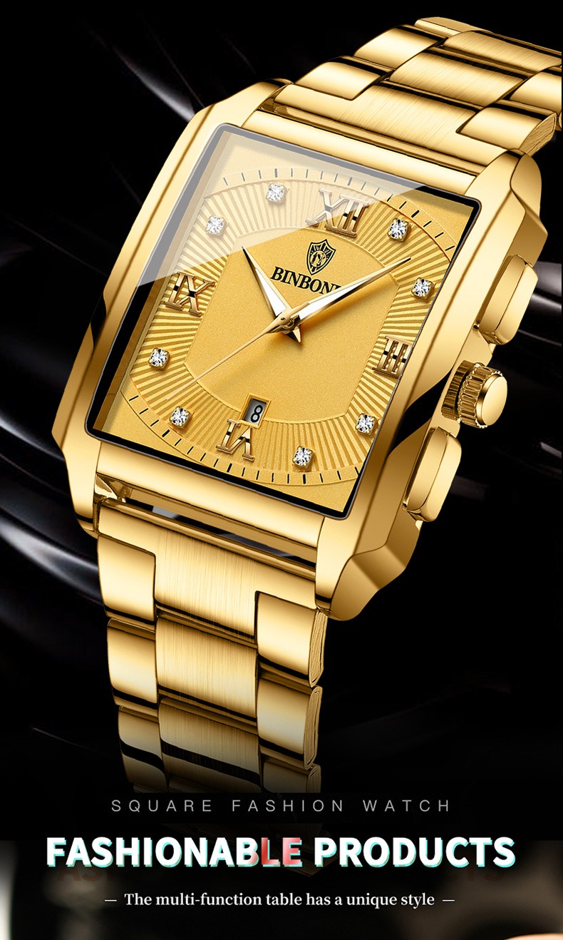 2026 Africa Europe America BINBOND Brand New Rectangular Men's Stainless Steel Watch Simple Sports Outdoor Calendar Quartz Movement 30M Water Resistance Luminous Pointer Wristwatch