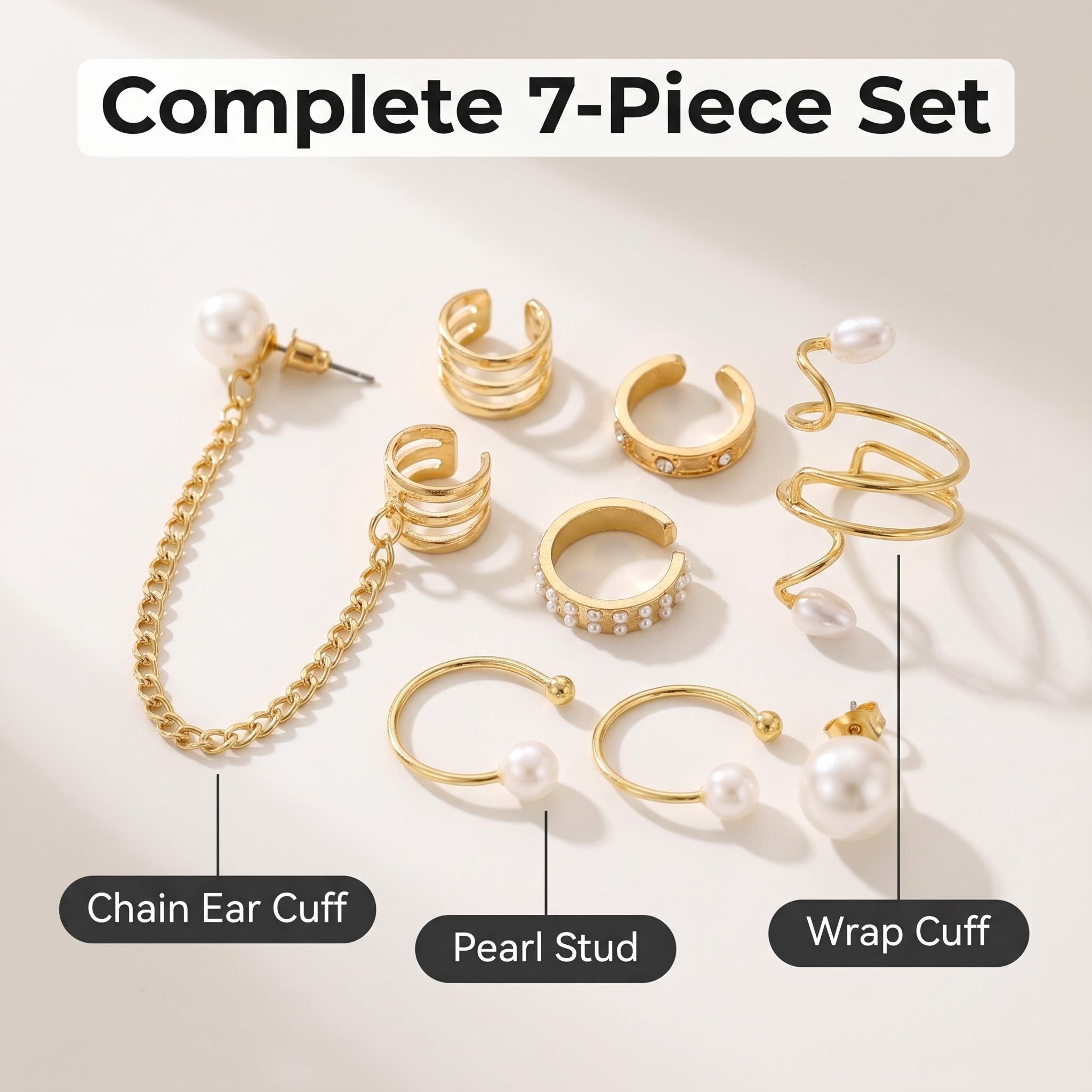 7 PCS/Set Earrings Ear Clips for Women Ladies, Punk Earrings, Pearl Earrings, Tassel Chain Earrings