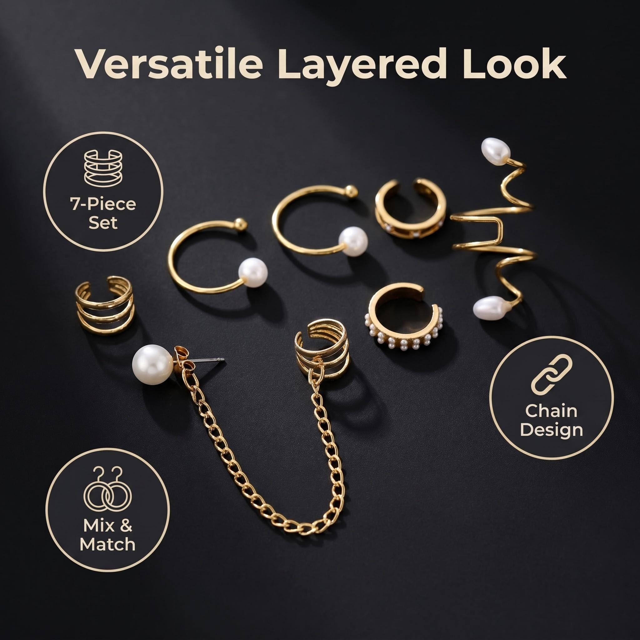 7 PCS/Set Earrings Ear Clips for Women Ladies, Punk Earrings, Pearl Earrings, Tassel Chain Earrings