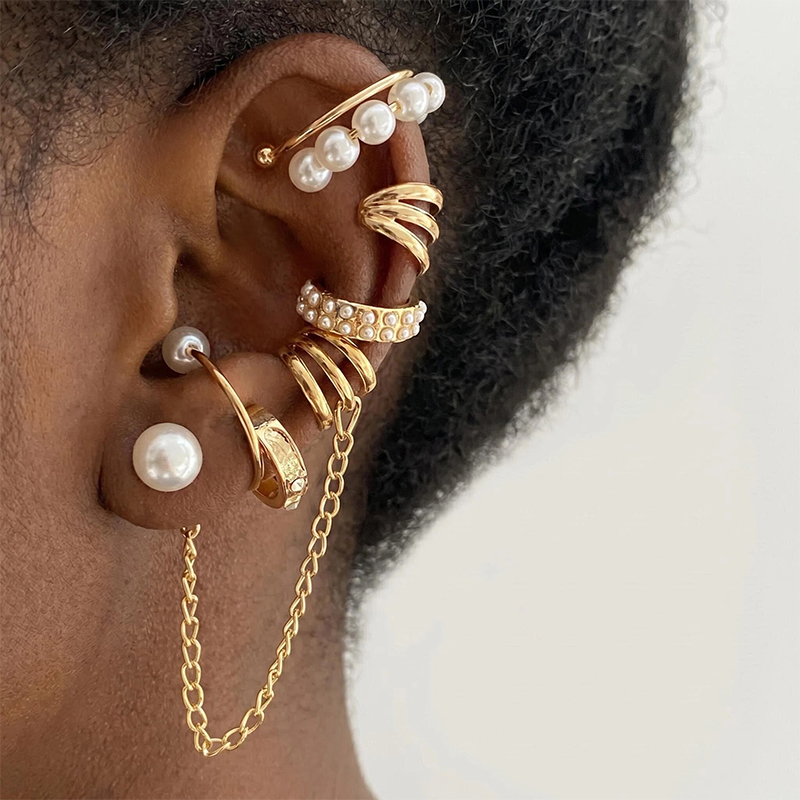 7 PCS/Set Earrings Ear Clips for Women Ladies, Punk Earrings, Pearl Earrings, Tassel Chain Earrings