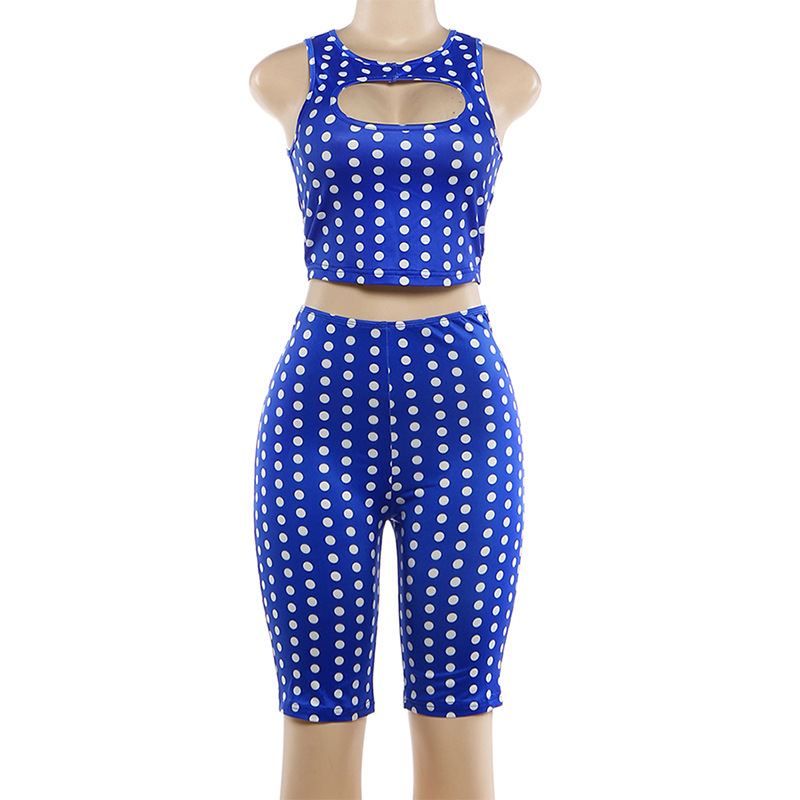 Polka Dot Print 2 Piece Set Woman o-Neck Hollwo Design Crop Tops+Skinny Peach Hip Shorts Hot Girls Sexy Fashion Outfits R0350