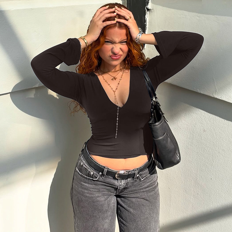 Spring Solid Sexy V-Neck Long Sleeves Slim Fit T-Shirt Women'S Casual Versatile Y2K Top Party Club Street Style Clothes R0415