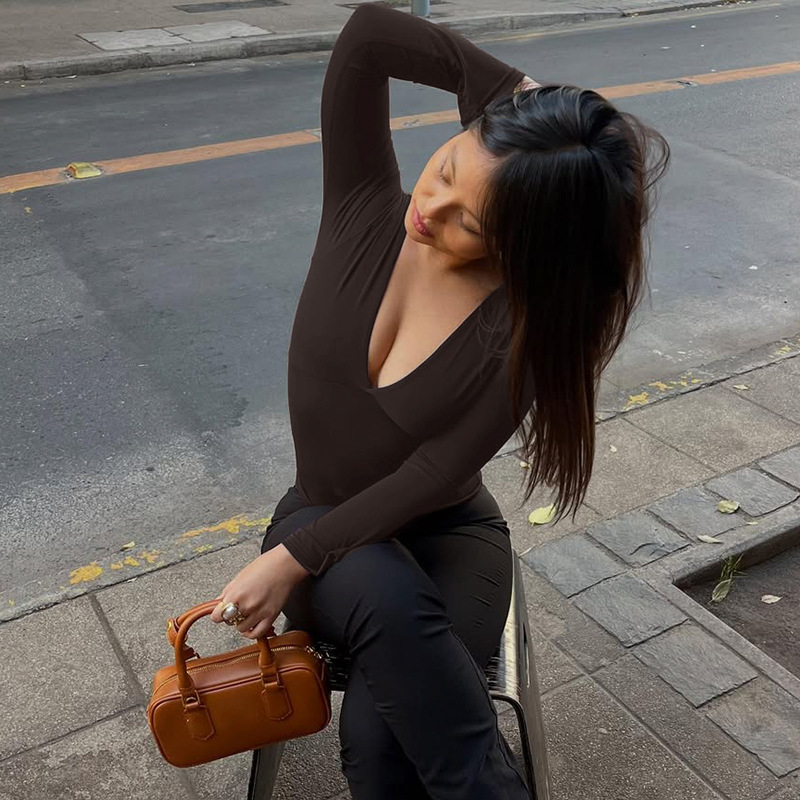 Spring Solid Sexy V-Neck Long Sleeves Slim Fit T-Shirt Women'S Casual Versatile Y2K Top Party Club Street Style Clothes R0415
