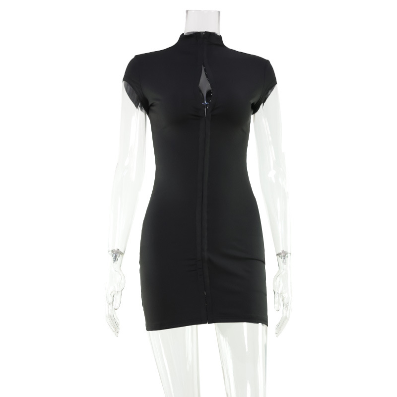 Solid Butoon High Collar Short Sleeve Women Dresses Sheath Trendy Chic Sexy Club Hot Girl Hip Wrap Outfits Female Skinny R0266