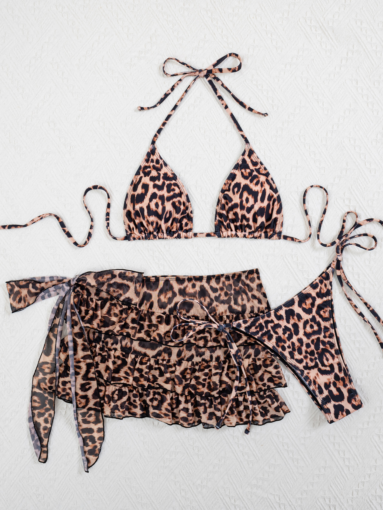 Sexy Leopard Print Bikini Set Halter Triangle Top Tie Side Bottom and Layered Ruffle Skirt Cover Up 3 Piece Swimsuit for Women R0181