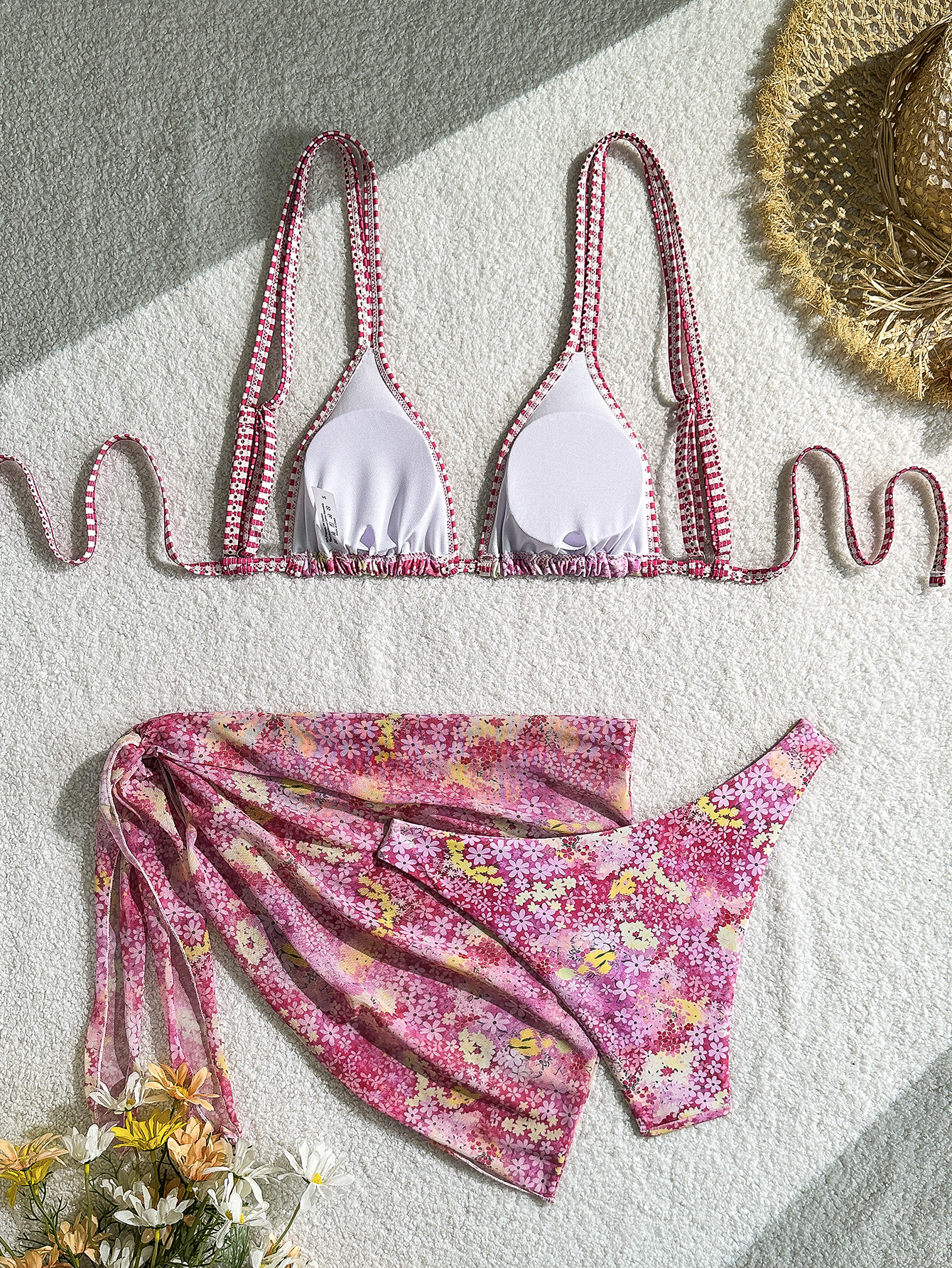 Pink Floral Print Triangle 3 Piece Bikinis Sets Mesh Cover Ups Sexy Swimsuit Woman 2026 Holiday Swimwear Mini Micro Bikini Thong R0143B