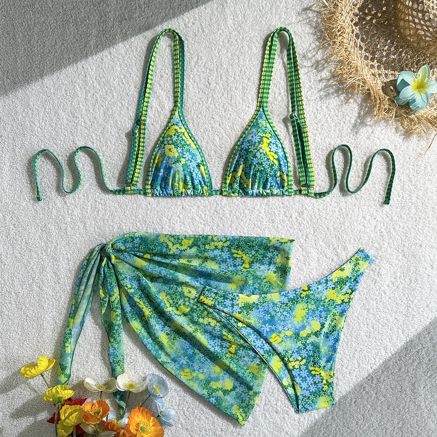 Pink Floral Print Triangle 3 Piece Bikinis Sets Mesh Cover Ups Sexy Swimsuit Woman 2026 Holiday Swimwear Mini Micro Bikini Thong R0143B