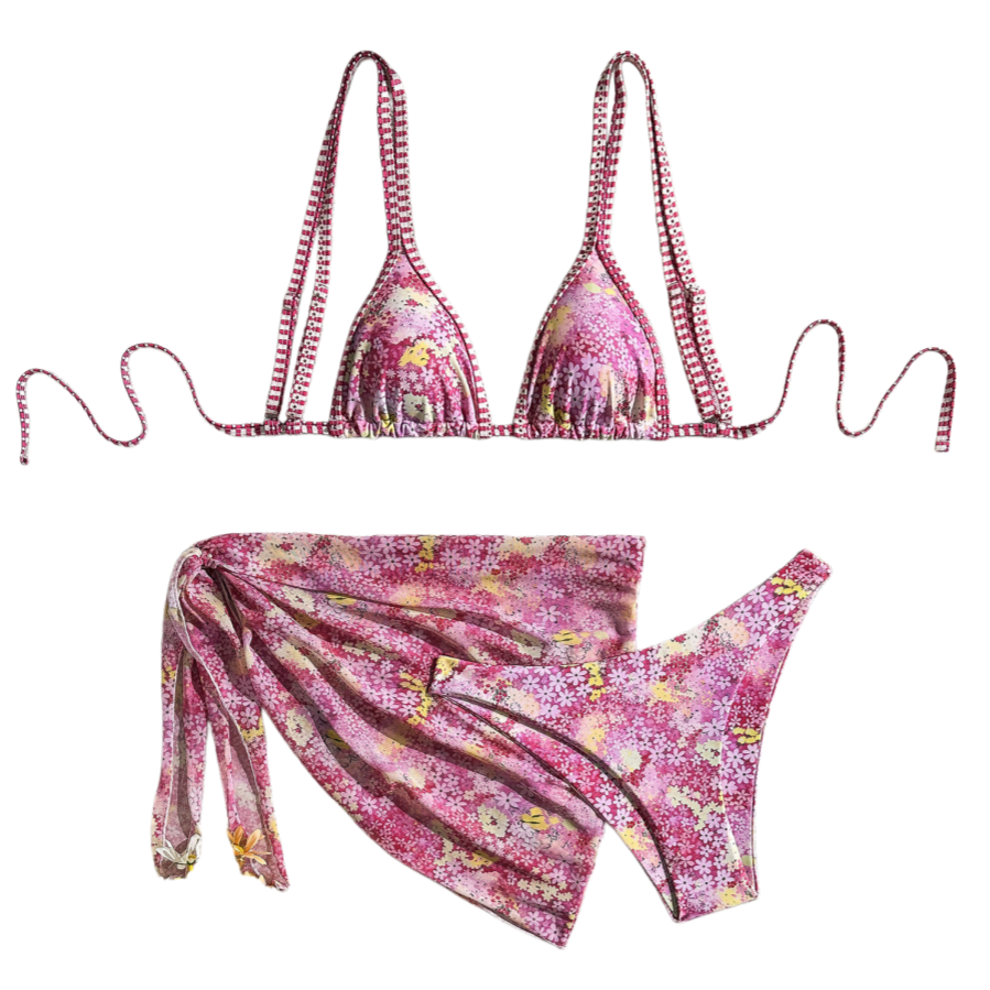 Pink Floral Print Triangle 3 Piece Bikinis Sets Mesh Cover Ups Sexy Swimsuit Woman 2026 Holiday Swimwear Mini Micro Bikini Thong R0143B