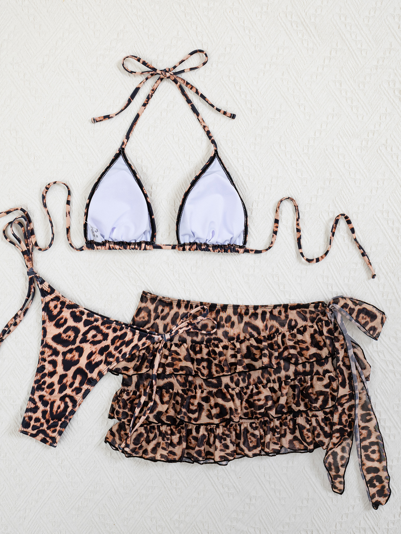 Sexy Leopard Print Bikini Set Halter Triangle Top Tie Side Bottom and Layered Ruffle Skirt Cover Up 3 Piece Swimsuit for Women R0181