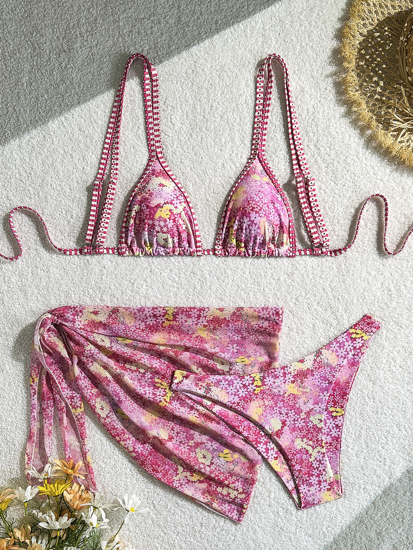 Pink Floral Print Triangle 3 Piece Bikinis Sets Mesh Cover Ups Sexy Swimsuit Woman 2026 Holiday Swimwear Mini Micro Bikini Thong R0143B