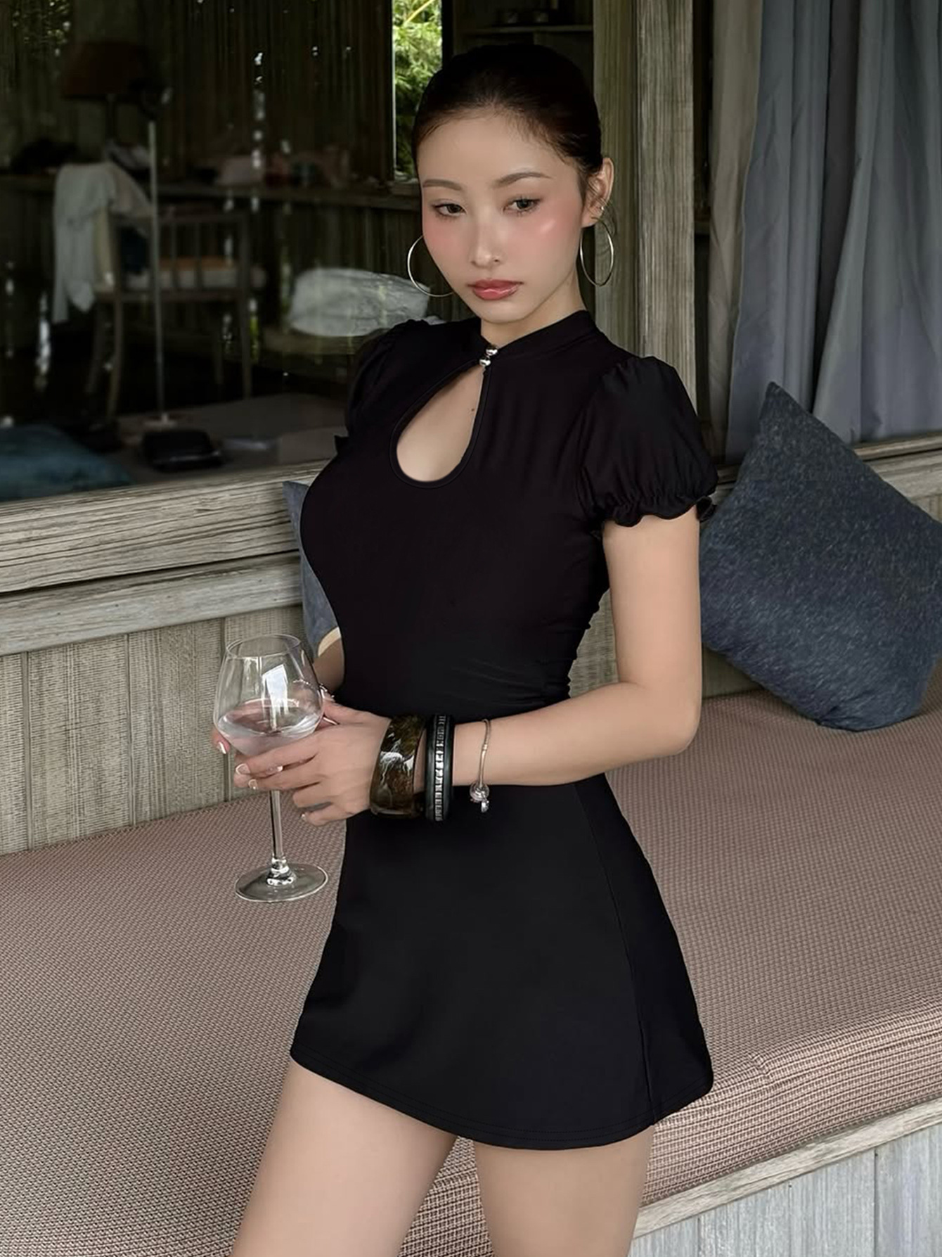 Mandarin Collar Backless Hollow Out Ruffles Slim Mini Dress Women'S Vintage Sexy Elegant Dress Party Prom Summer Clothes Dress  R0226