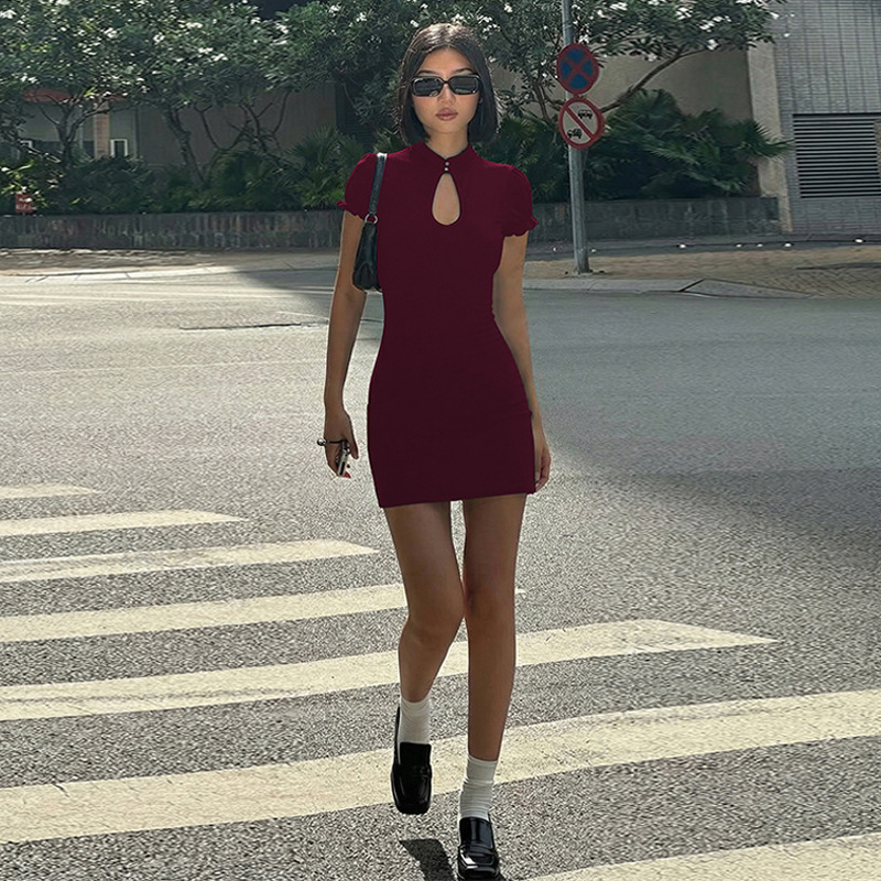 Mandarin Collar Backless Hollow Out Ruffles Slim Mini Dress Women'S Vintage Sexy Elegant Dress Party Prom Summer Clothes Dress  R0226