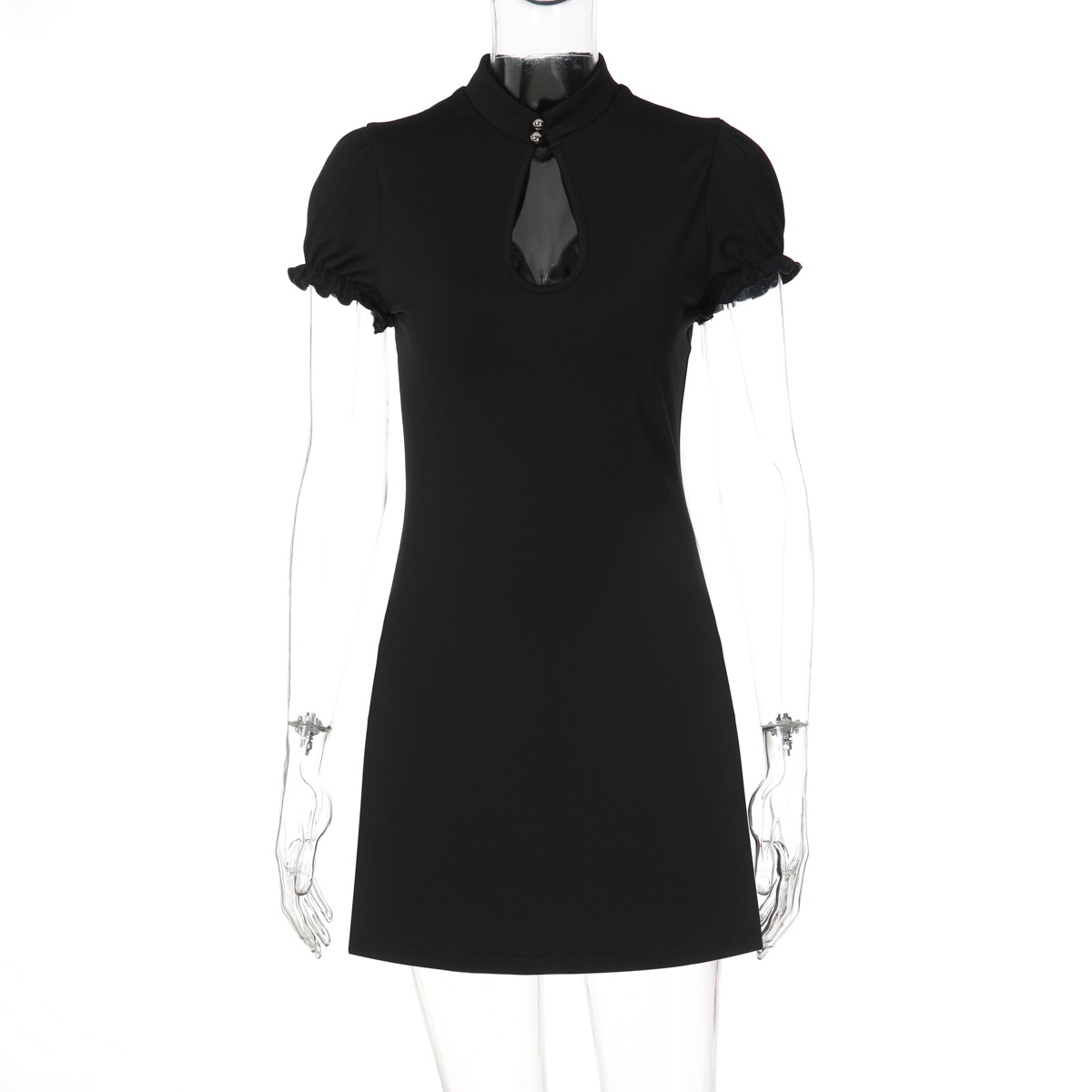 Mandarin Collar Backless Hollow Out Ruffles Slim Mini Dress Women'S Vintage Sexy Elegant Dress Party Prom Summer Clothes Dress  R0226
