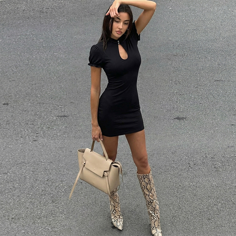 Mandarin Collar Backless Hollow Out Ruffles Slim Mini Dress Women'S Vintage Sexy Elegant Dress Party Prom Summer Clothes Dress  R0226