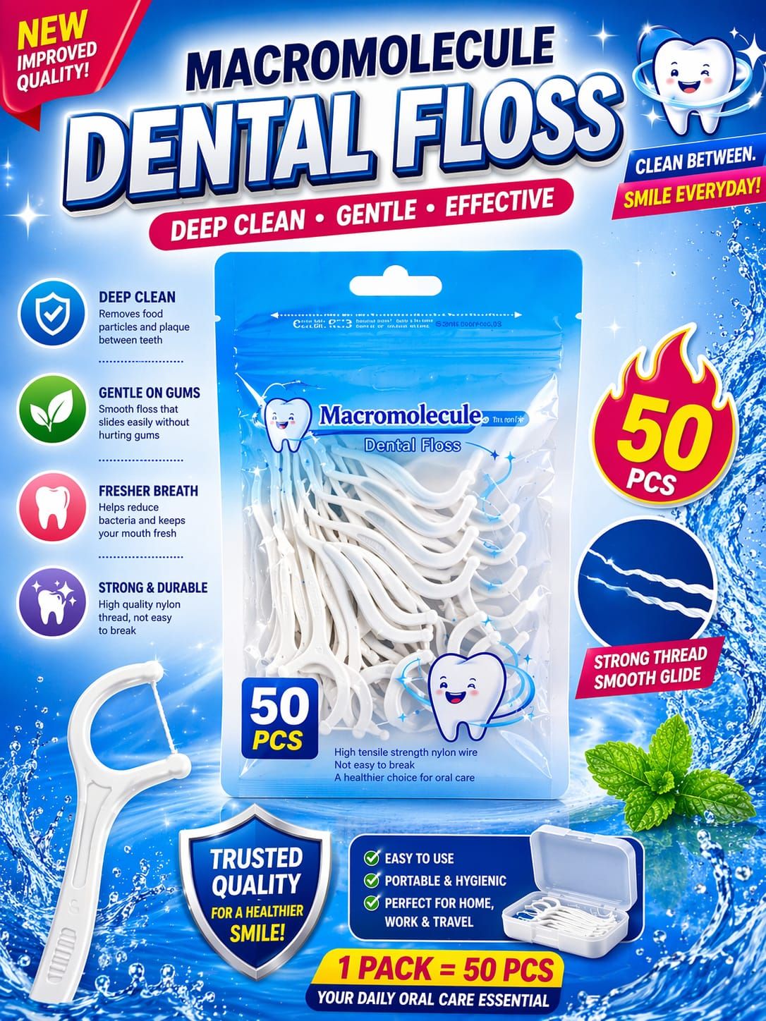 50 PCS HIGH QUALITY STERILE DOUBLE SIDED BAMBOO FLOSS TOOTHPICKS WITH MINT FLAVOUR.ECO FRIENDLY DENTAL FLOSS FOR DAILY USE