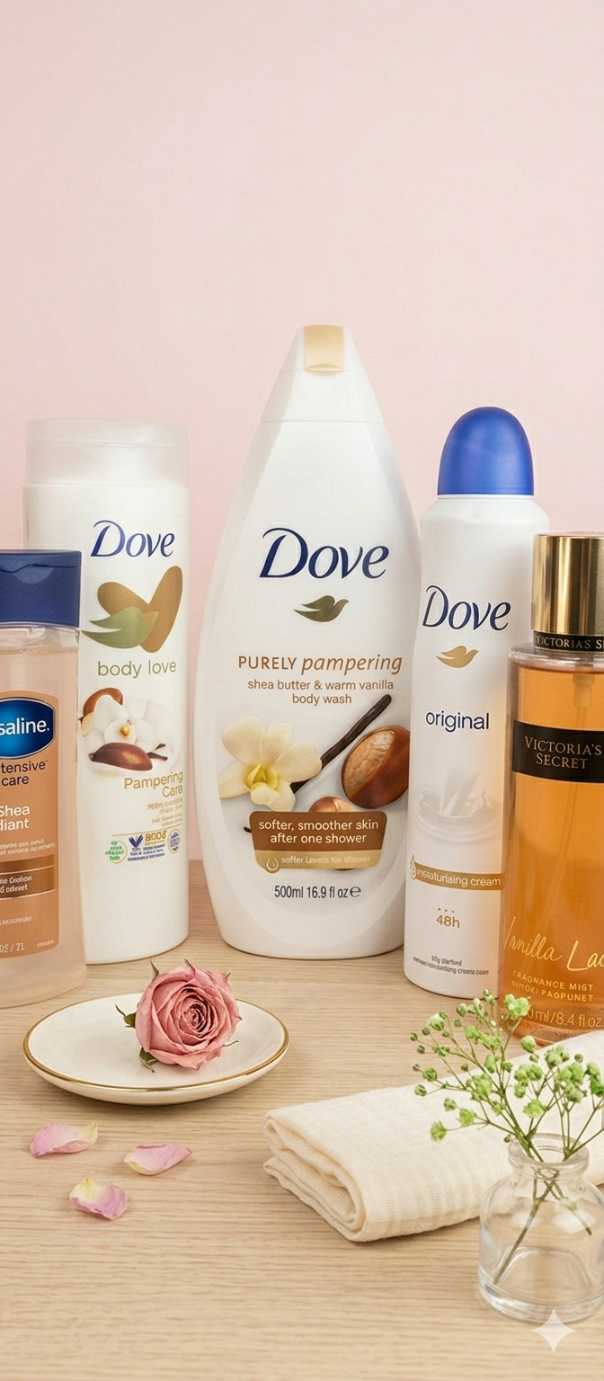 Dove 5 in 1 BODYCARE SET!!! Purely pampering body wash + Pampering care body lotion + Intensive Care cocoa radiant body oil + Original anti-sperant deo spray + (FREE Victoria's secret Vanilla lace)
