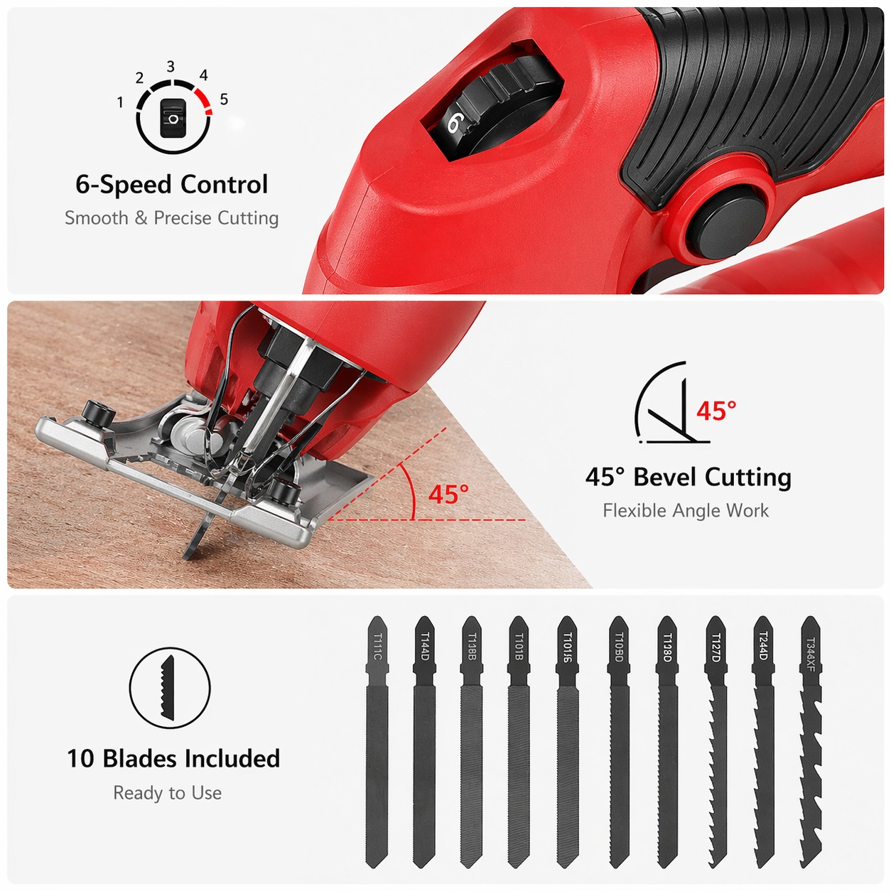 Electric Jigsaw 6-Speed – Powerful Wood Cutter with 10 Blades | 45° Bevel Cutting | Durable DIY Tool