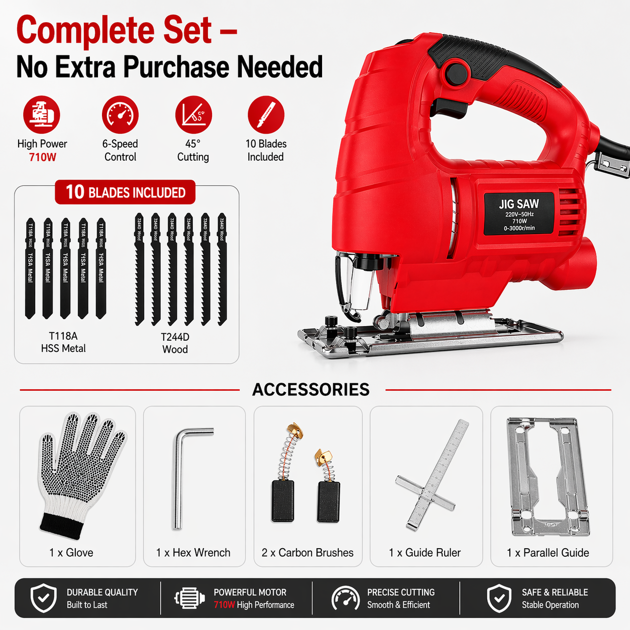 Electric Jigsaw 6-Speed – Powerful Wood Cutter with 10 Blades | 45° Bevel Cutting | Durable DIY Tool