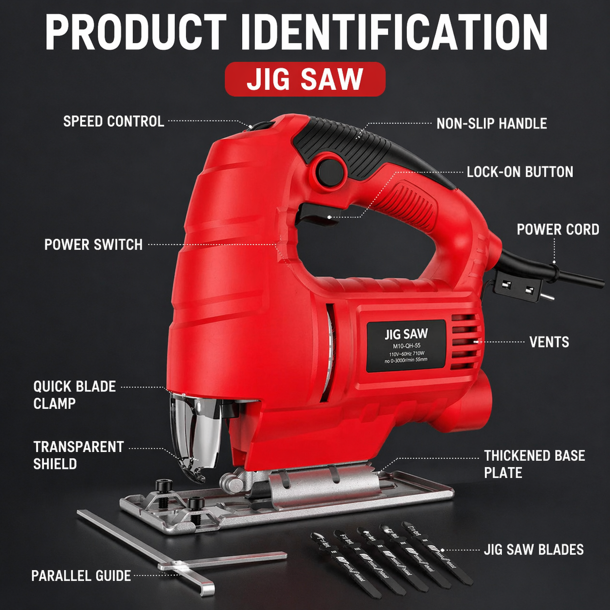 Electric Jigsaw 6-Speed – Powerful Wood Cutter with 10 Blades | 45° Bevel Cutting | Durable DIY Tool