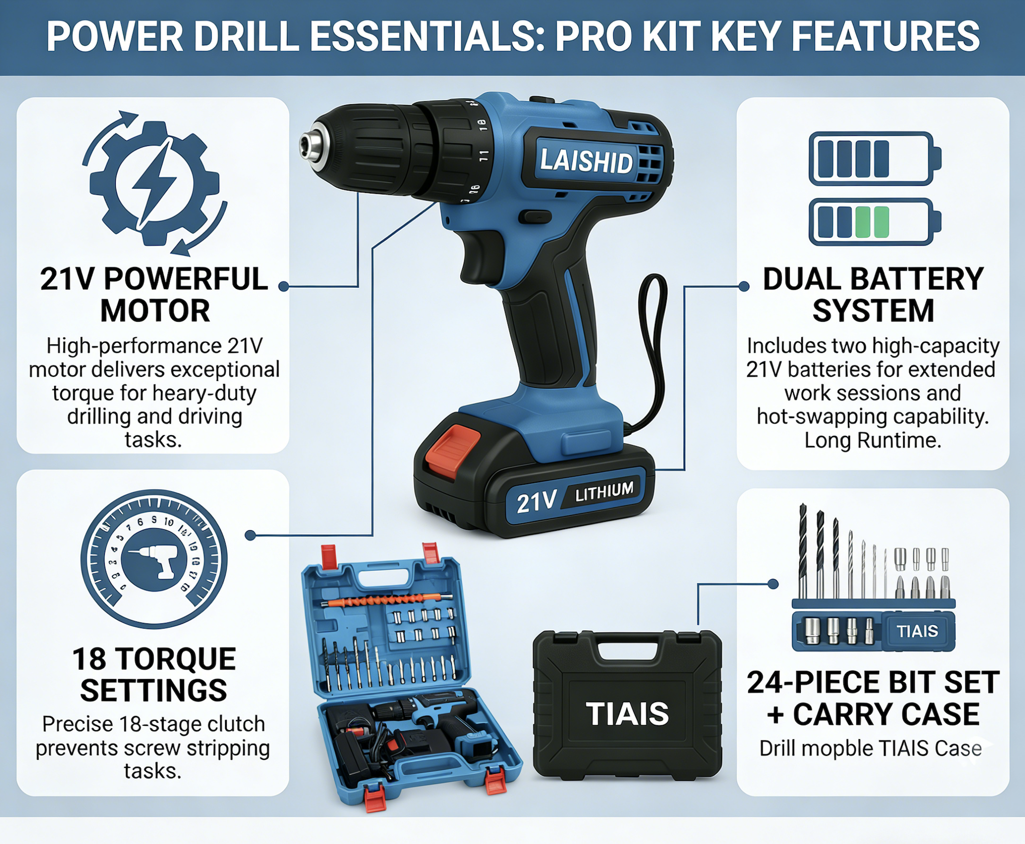 LAISHID 21V Electric Cordless Drill Set (includes 24 kits and a toolbox )drilling machine,drilling machine set ,drillling tool drill machine drill bit set drill drilling bit