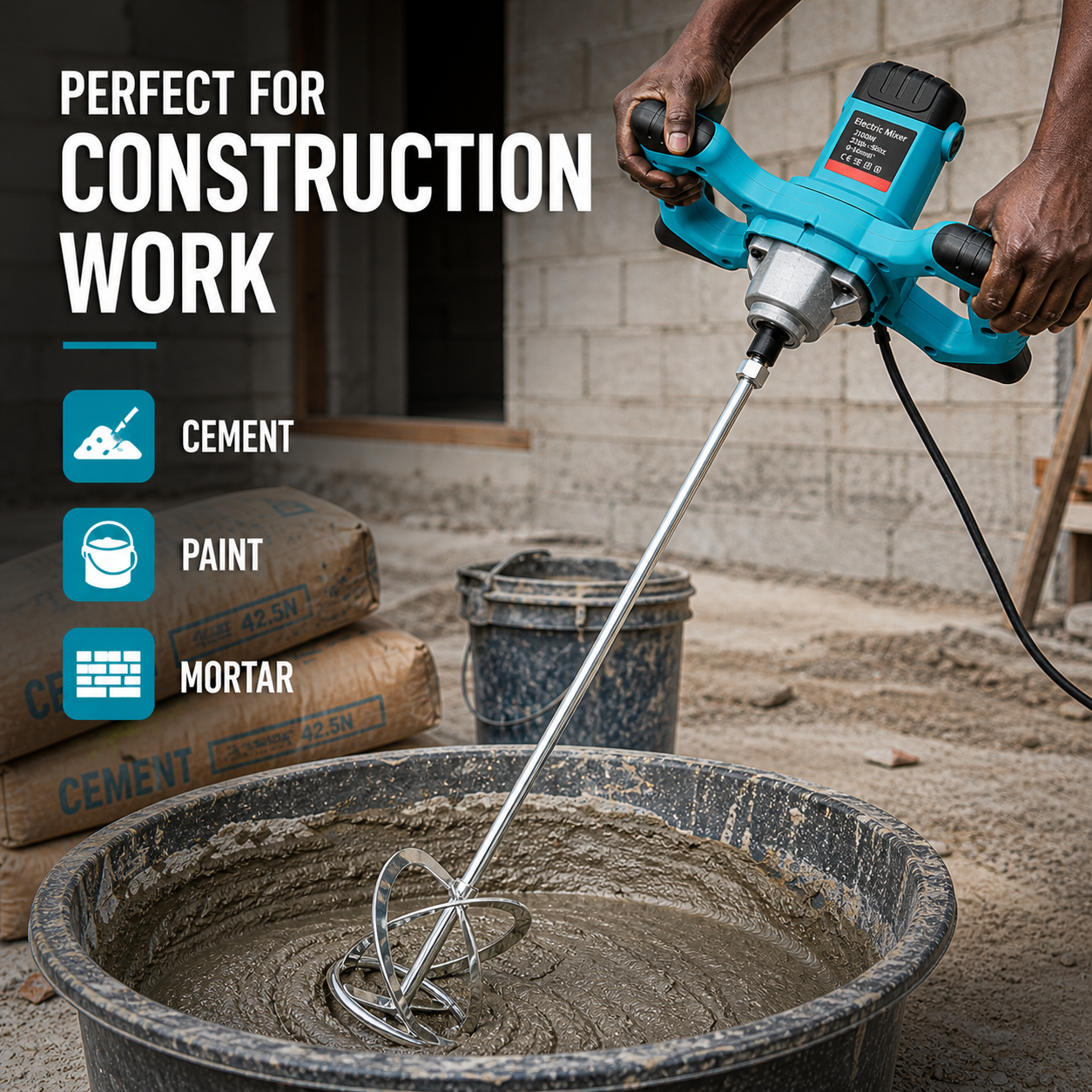 Electric Concrete Mixer 2100W – 6 Speed Powerful Handheld Mixer for Cement, Paint & Mortar