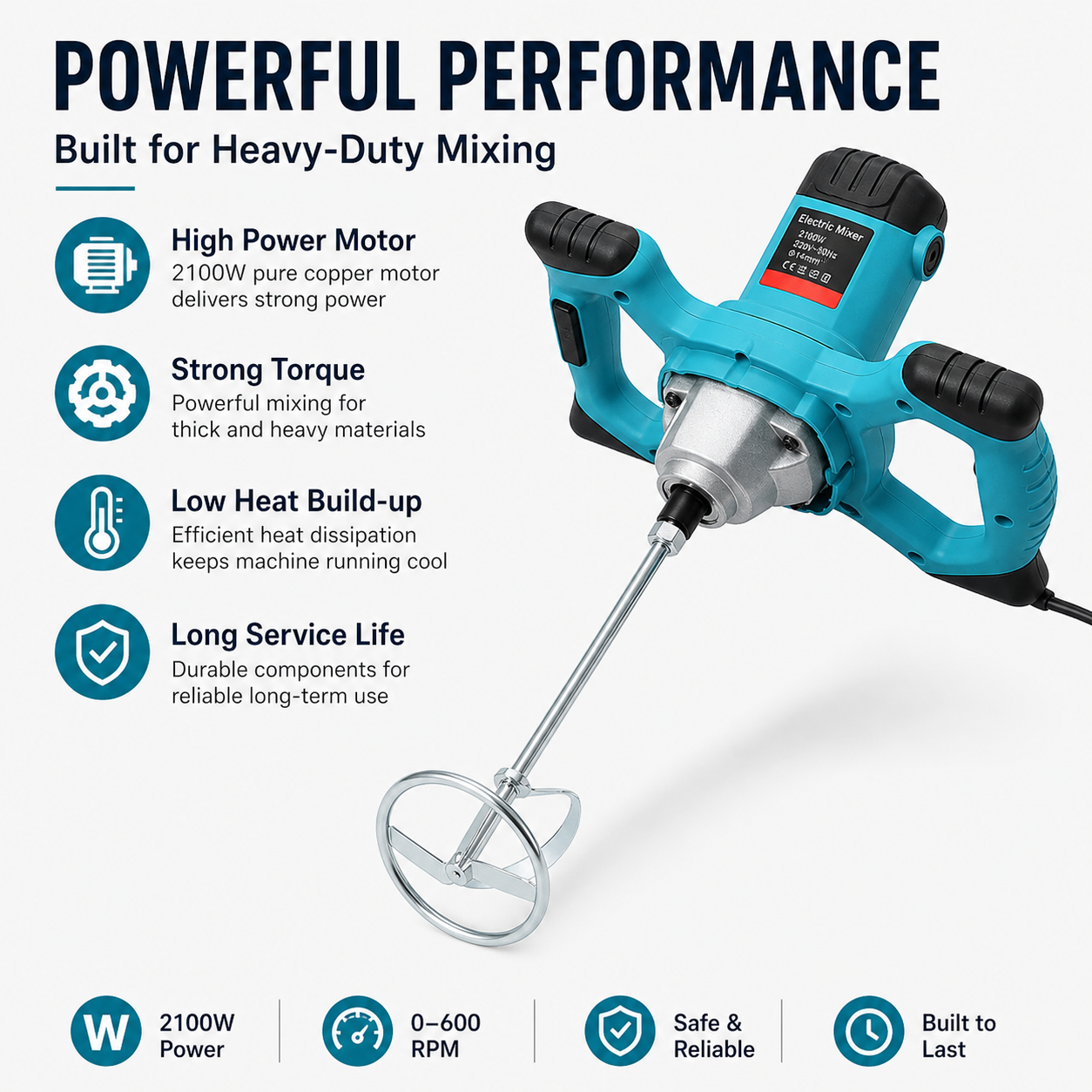 Electric Concrete Mixer 2100W – 6 Speed Powerful Handheld Mixer for Cement, Paint & Mortar