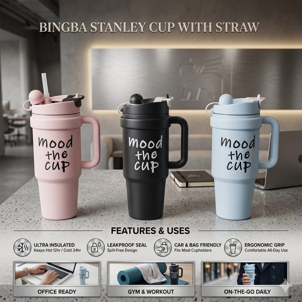 BINGBA CUP MOOD “STANLEY CUP” 1000ML. Stay stylish and hydrated all day with this premium insulated tumbler designed for both hot and cold drinks. Perfect for daily use at home, office, travel, gym, o