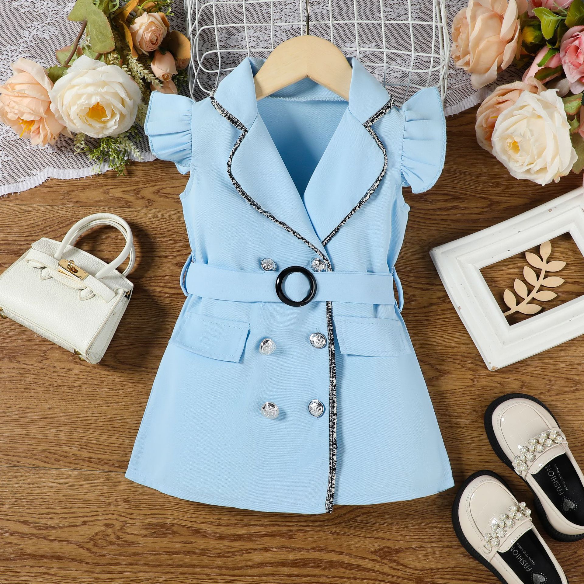 Girls' clothing summer girls' dress European and American style fashionable double breasted dress with belt two-piece set
