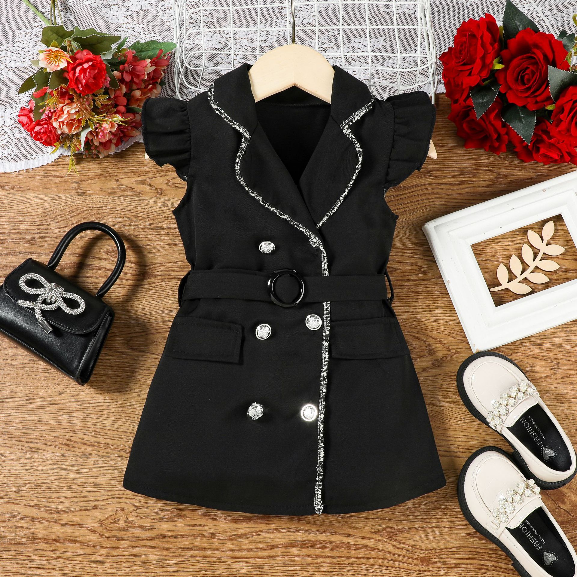 Girls' clothing summer girls' dress European and American style fashionable double breasted dress with belt two-piece set