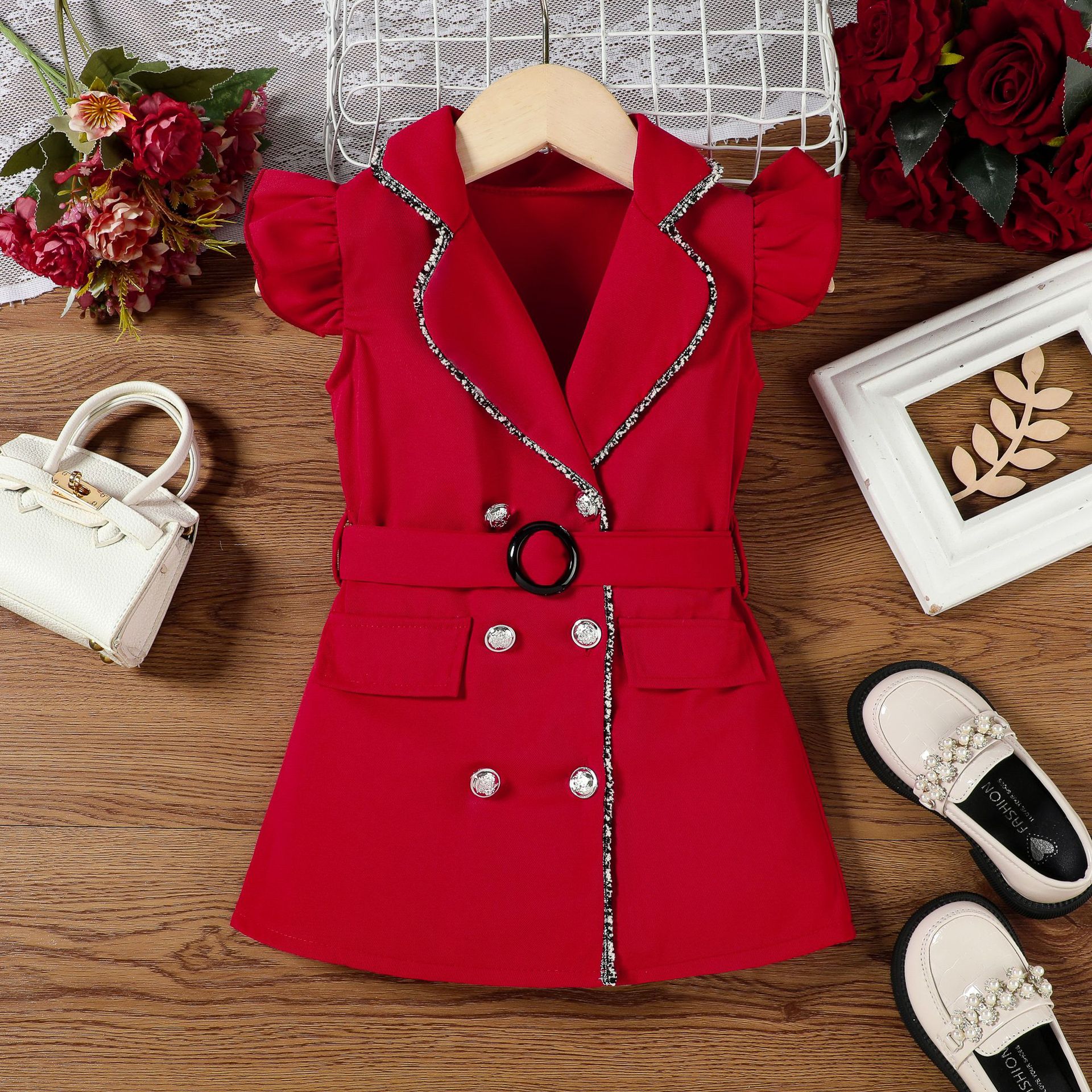 Girls' clothing summer girls' dress European and American style fashionable double breasted dress with belt two-piece set