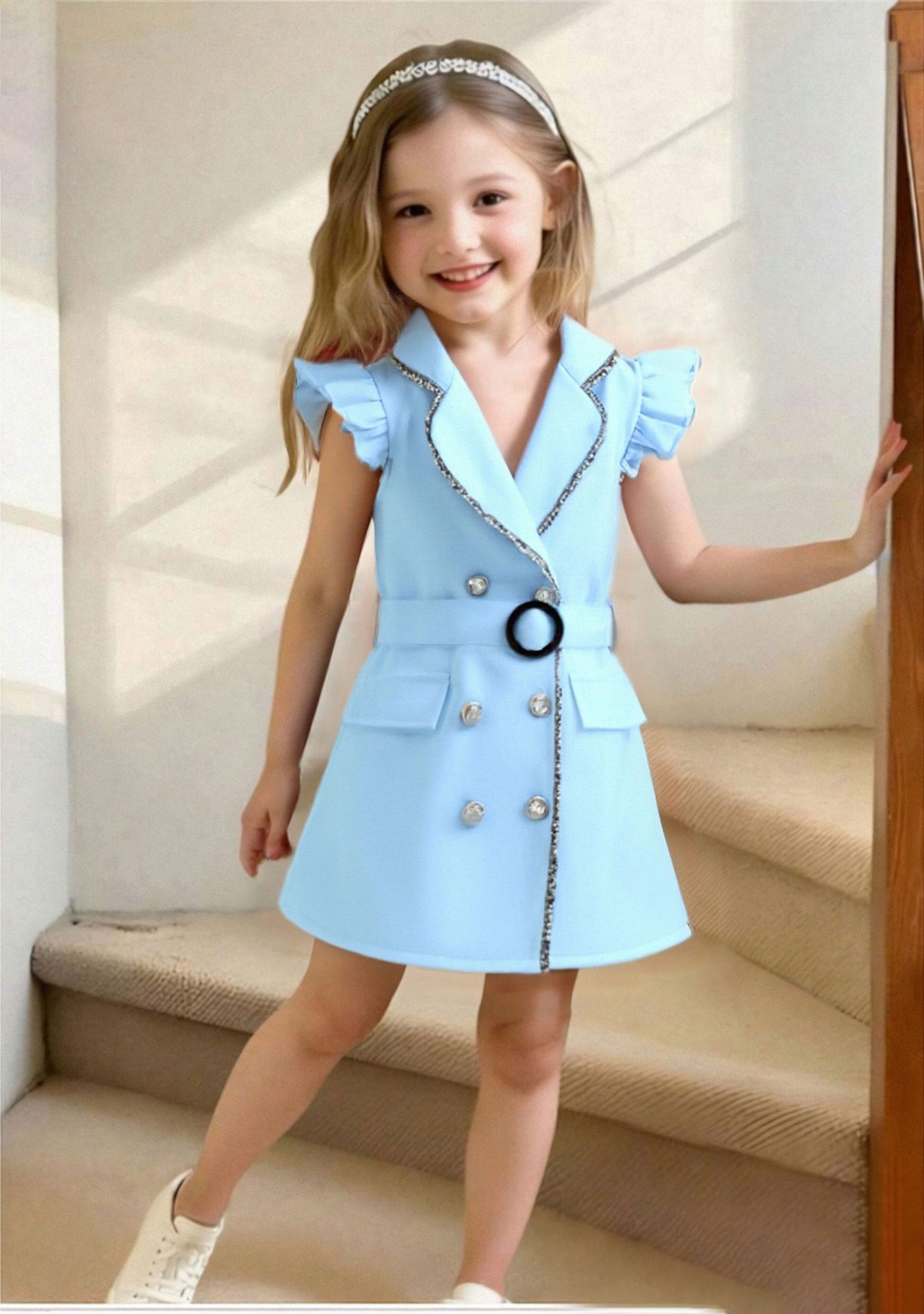 Girls' clothing summer girls' dress European and American style fashionable double breasted dress with belt two-piece set