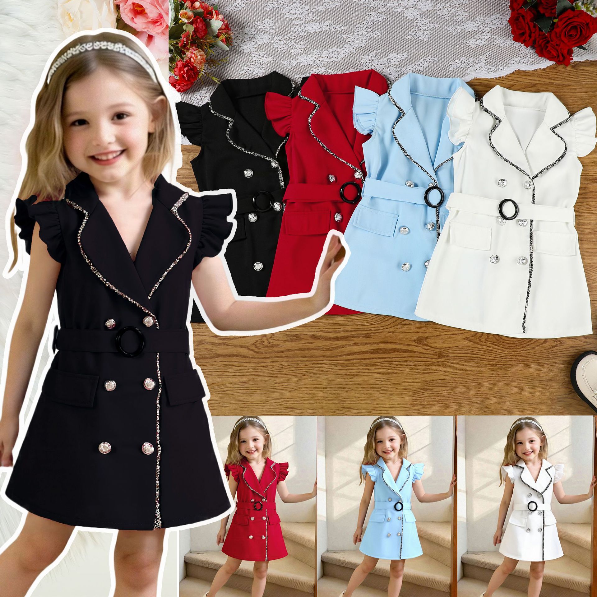Girls' clothing summer girls' dress European and American style fashionable double breasted dress with belt two-piece set