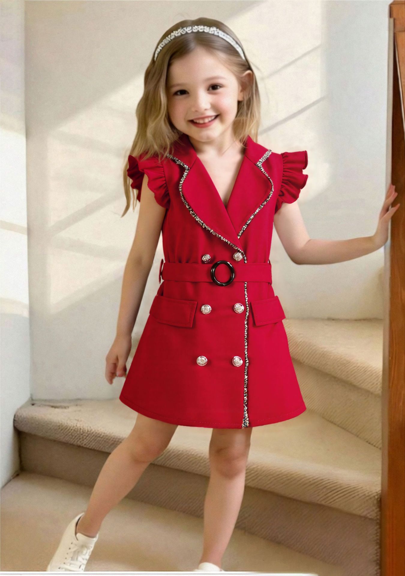 Girls' clothing summer girls' dress European and American style fashionable double breasted dress with belt two-piece set