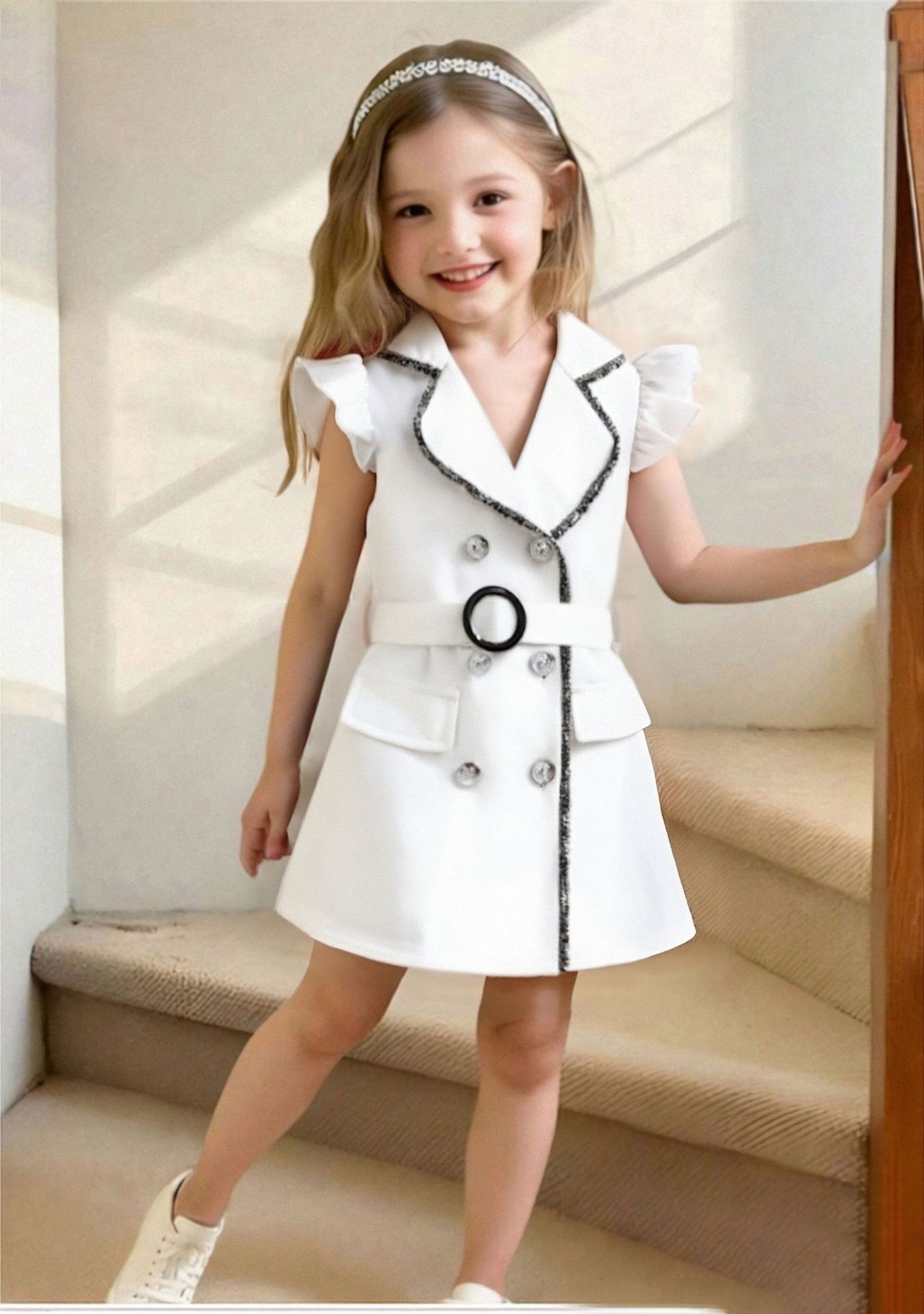 Girls' clothing summer girls' dress European and American style fashionable double breasted dress with belt two-piece set