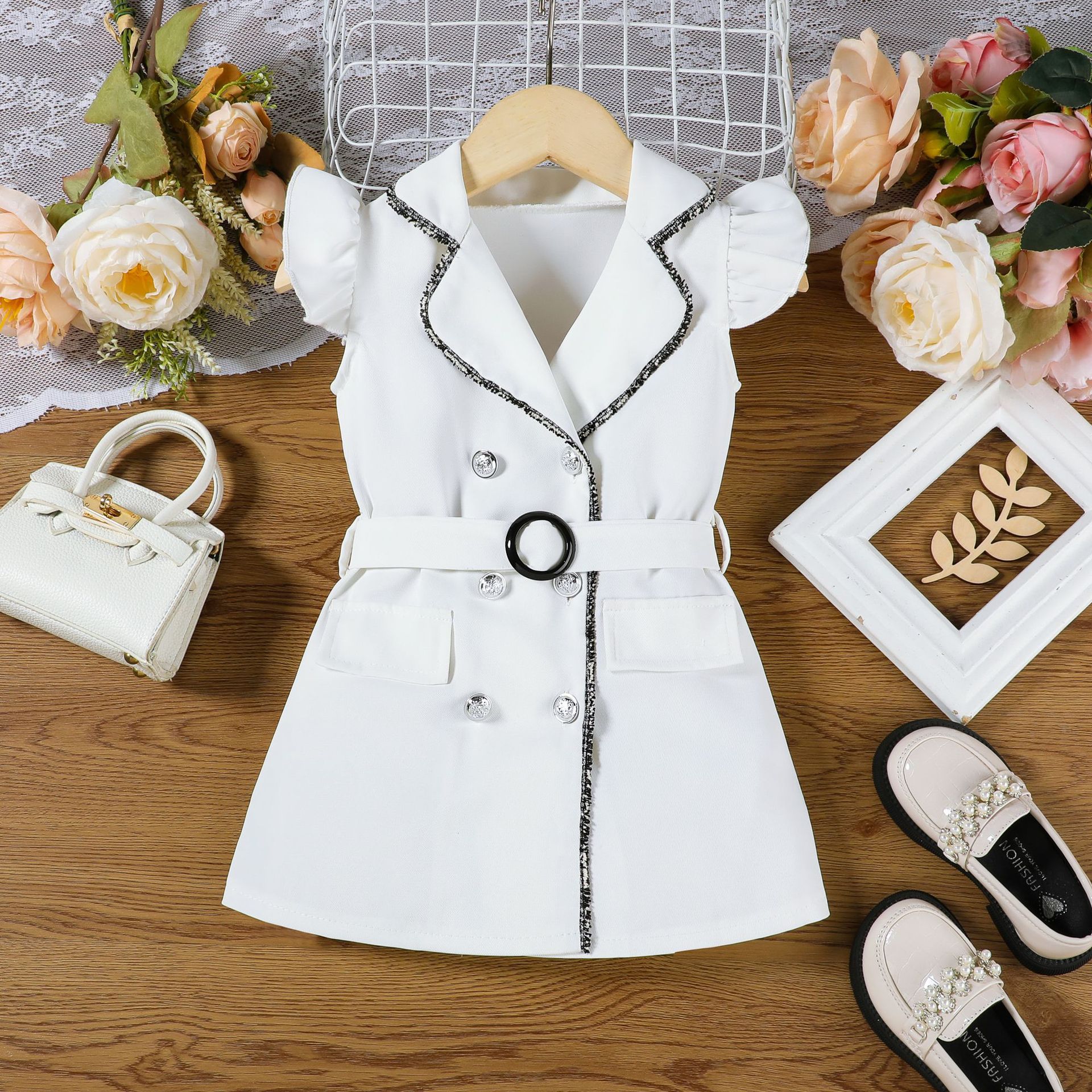 Girls' clothing summer girls' dress European and American style fashionable double breasted dress with belt two-piece set