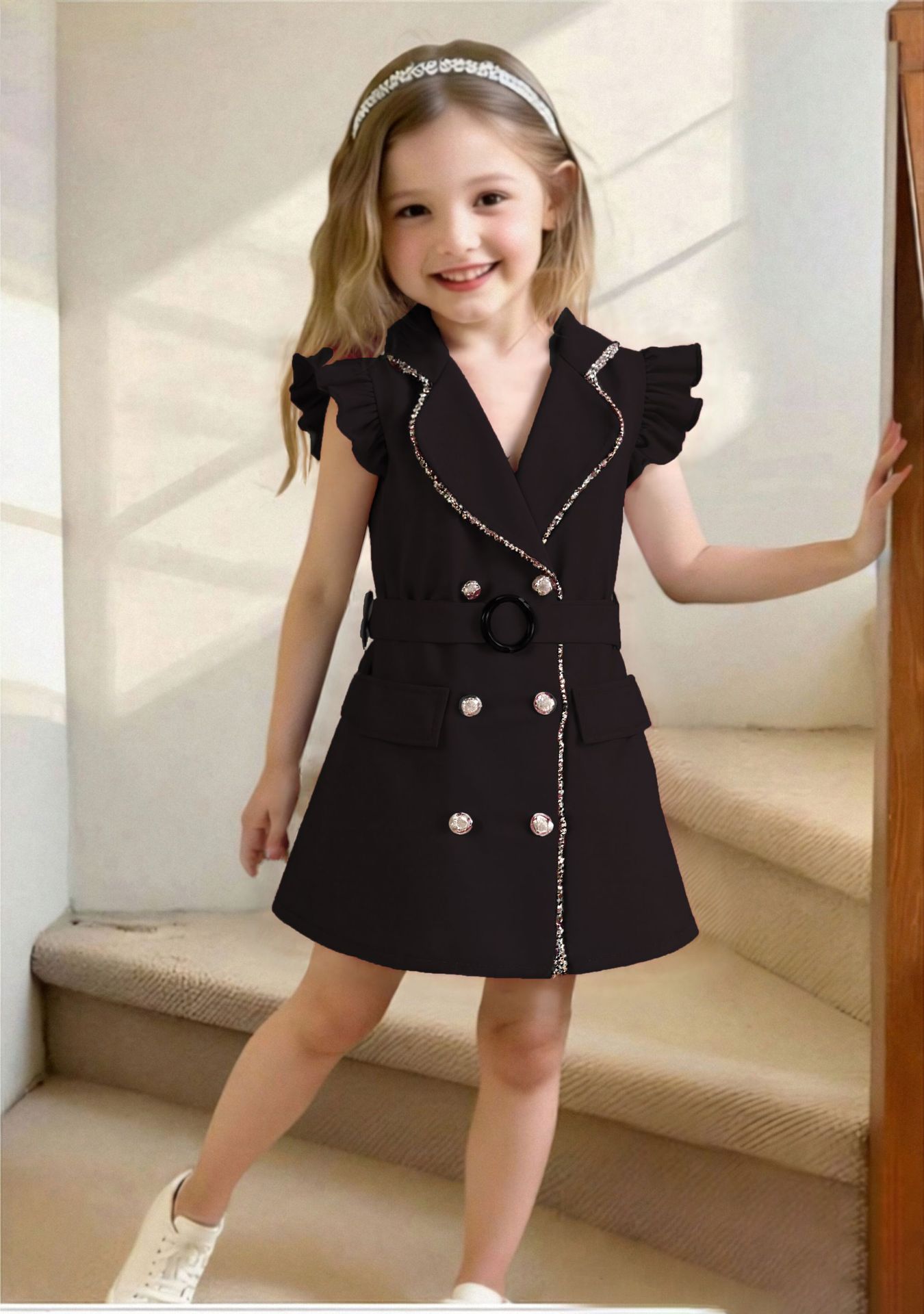 Girls' clothing summer girls' dress European and American style fashionable double breasted dress with belt two-piece set
