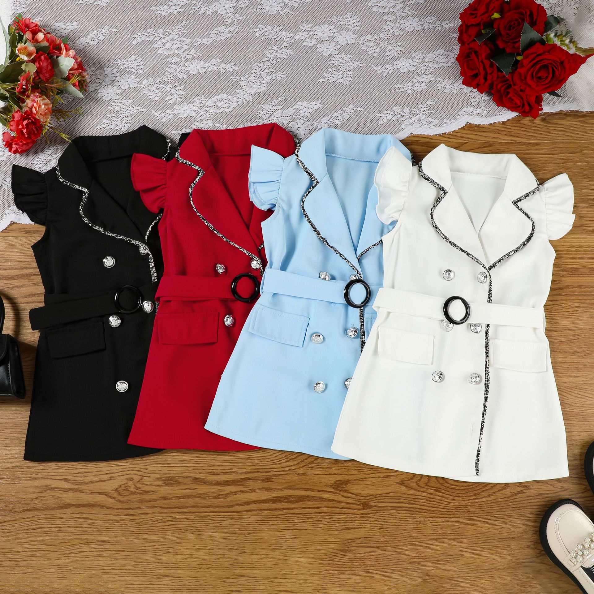 Girls' clothing summer girls' dress European and American style fashionable double breasted dress with belt two-piece set