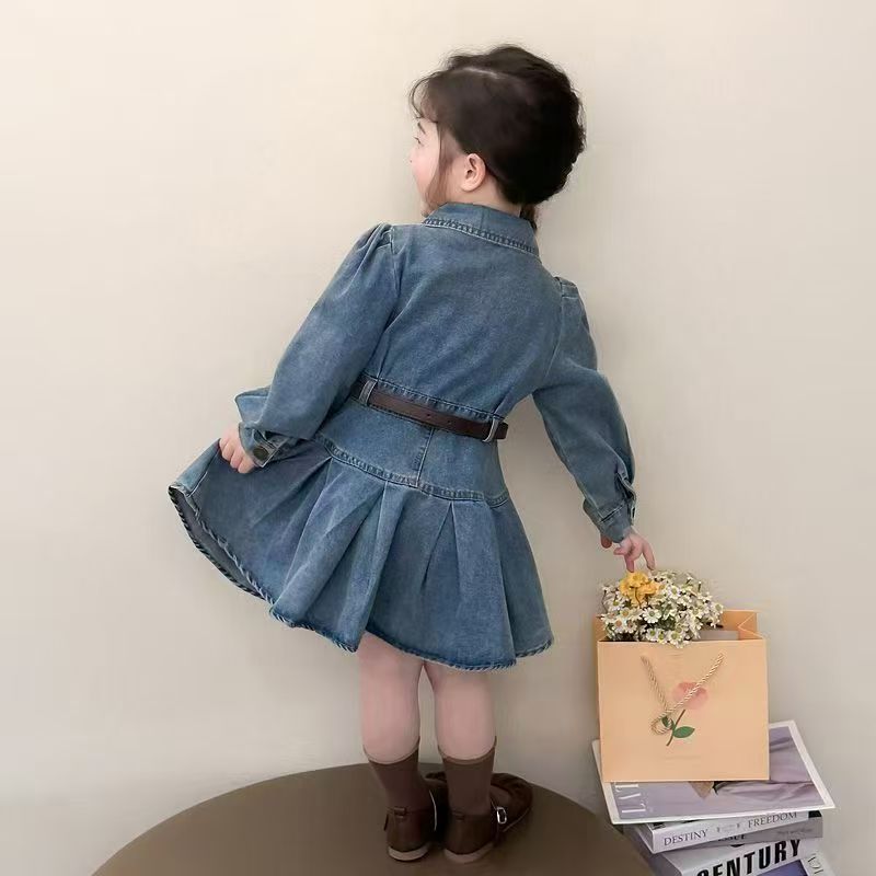Children's clothing Girls' dress pleated denim long sleeved shirt collar single breasted cardigan skirt  tie belt Two piece set