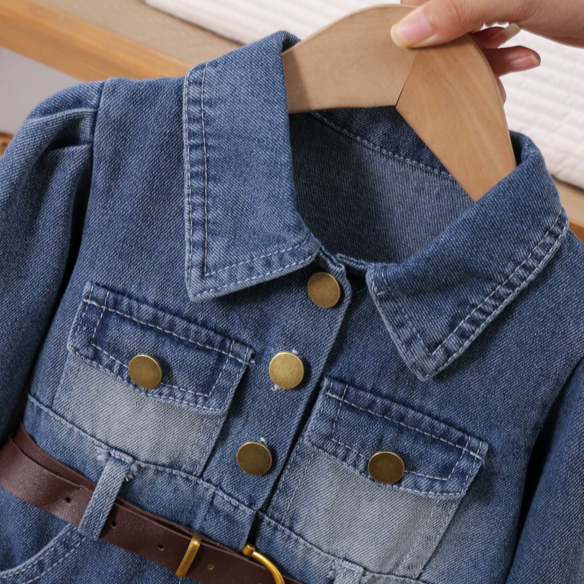Children's clothing Girls' dress pleated denim long sleeved shirt collar single breasted cardigan skirt  tie belt Two piece set