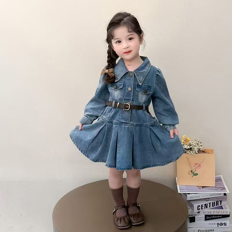 Children's clothing Girls' dress pleated denim long sleeved shirt collar single breasted cardigan skirt  tie belt Two piece set